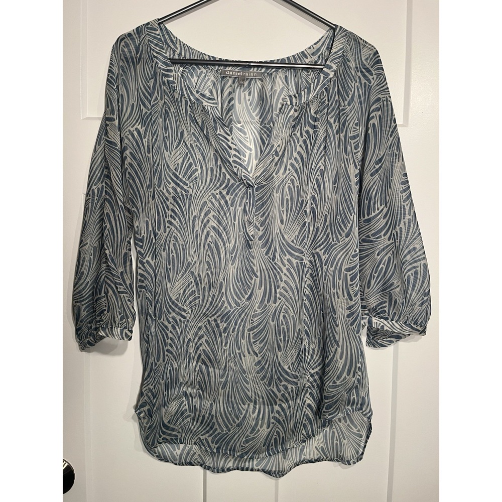 Daniel Rainn Blouse Womens Small S Blue Gray Abstract Sheer Chiffon 11696
